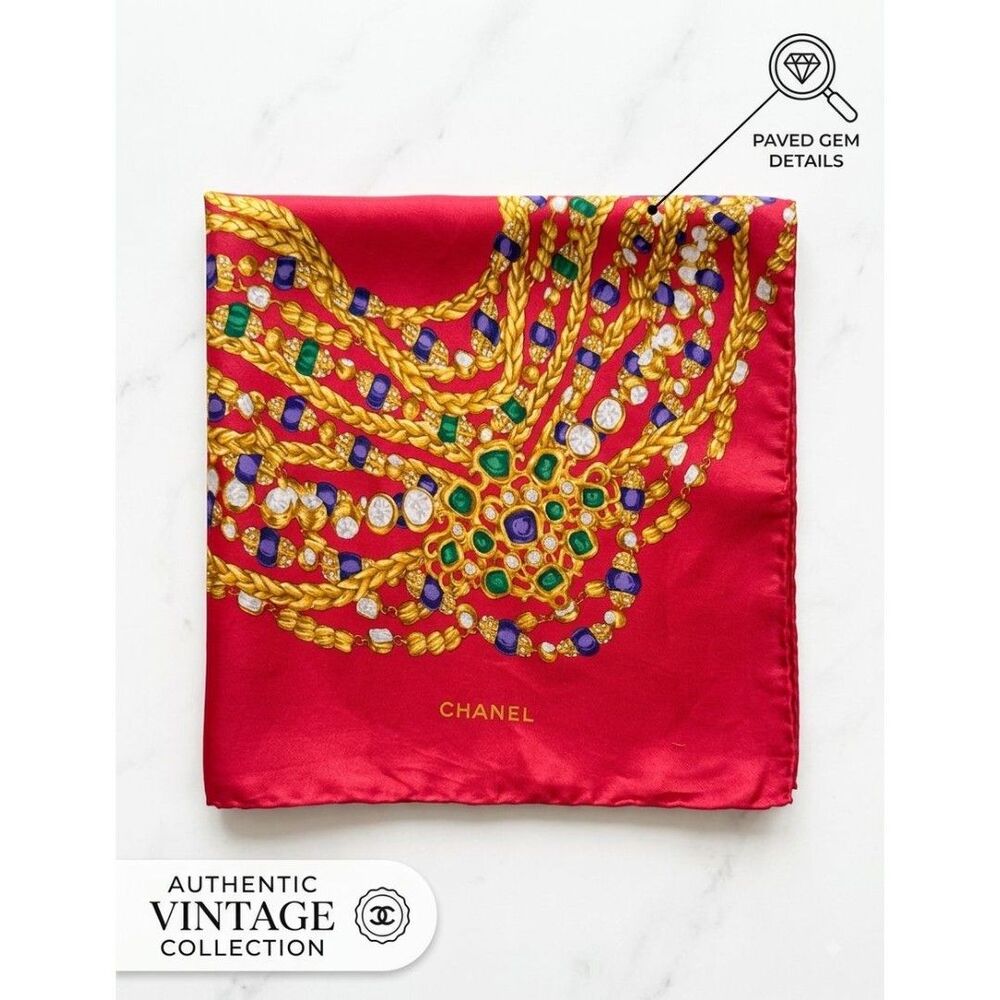Vintage Chanel Silk Square Scarf Red Gold Chain Jewels Gripoix Pearl Motif Large
